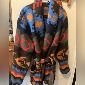 VTG Rafaella Aztec southwestern print wool tie waist shawl cardigan coat M